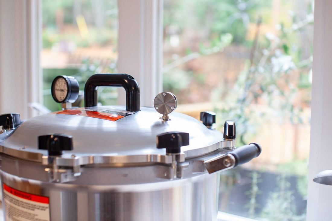 a large pressure cooker by a window in a kitchen