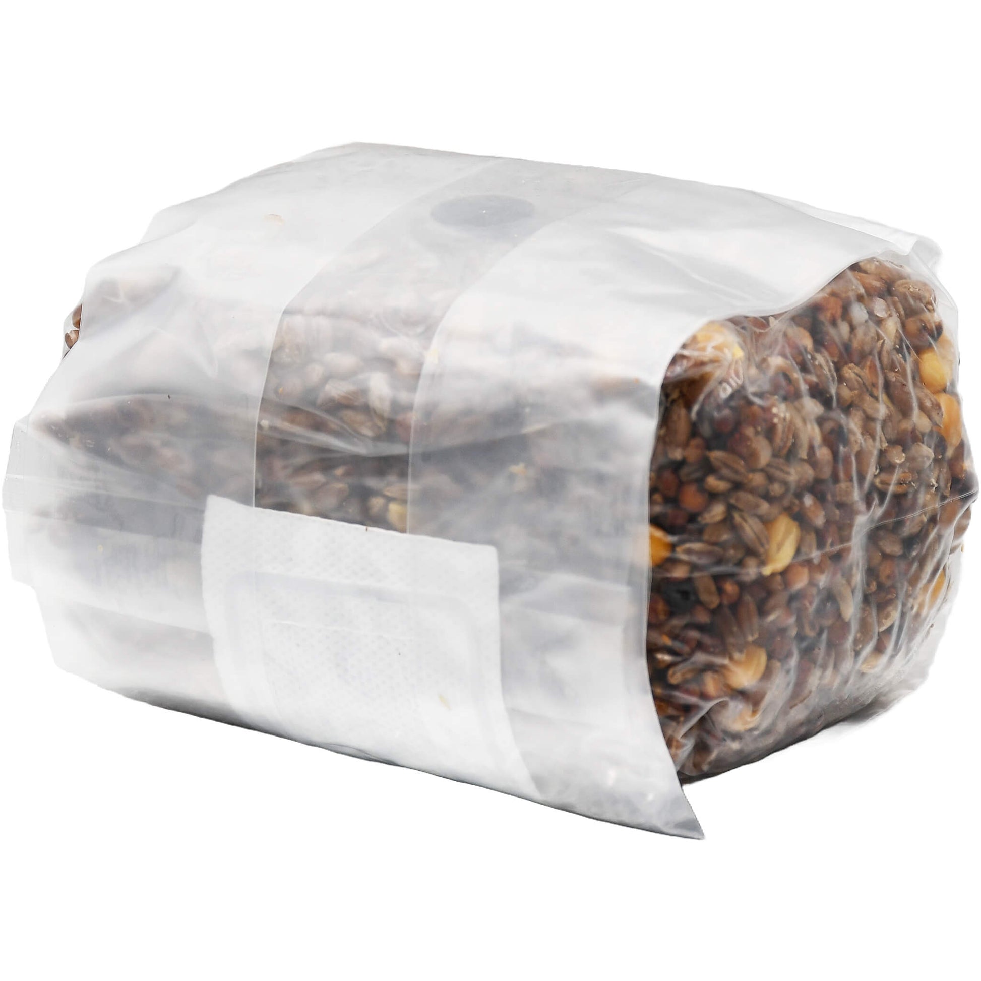 1 pound grow bag of multi grain mushroom substrate folded facing left