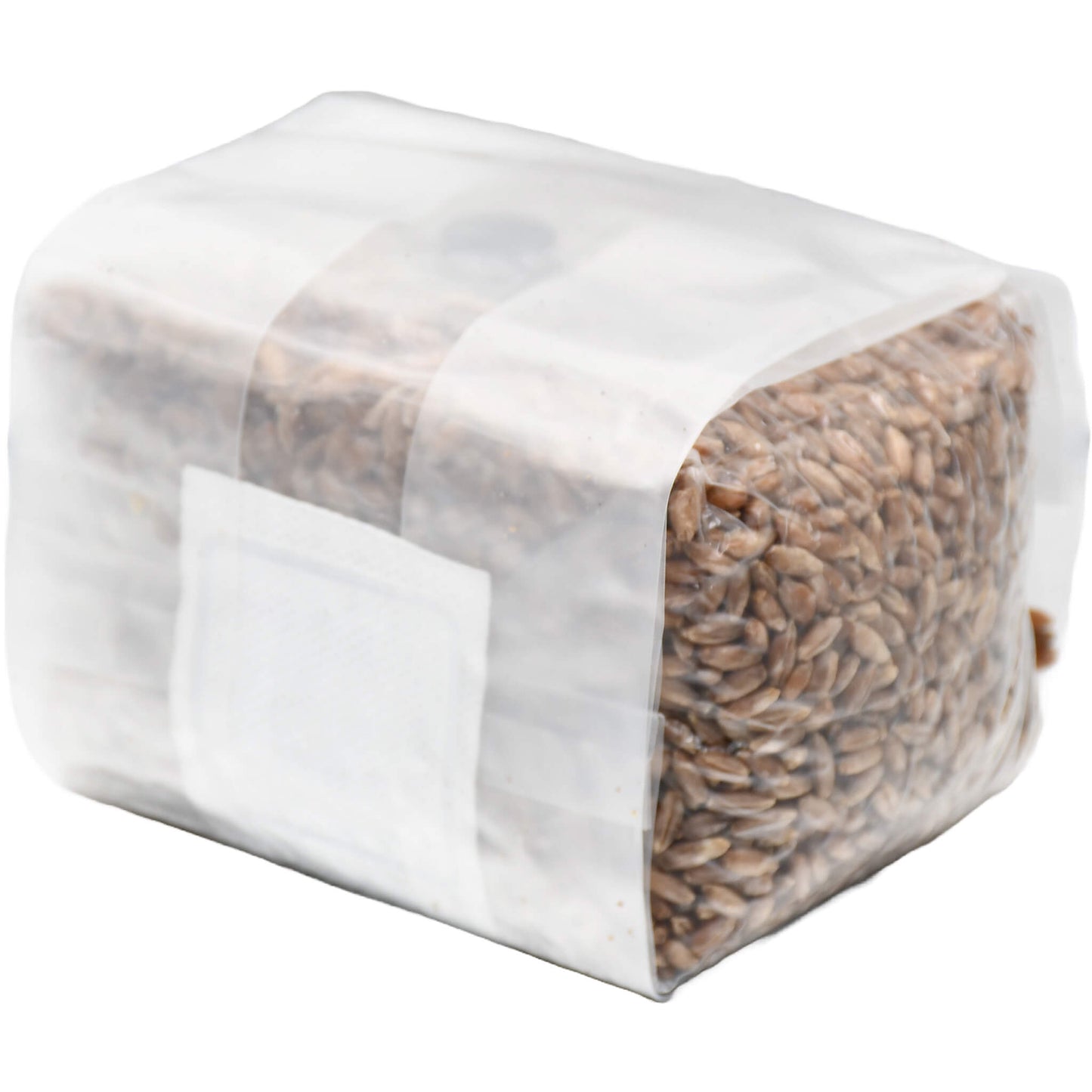 1 pound grow bag of rye berry mushroom substrate folded facing left