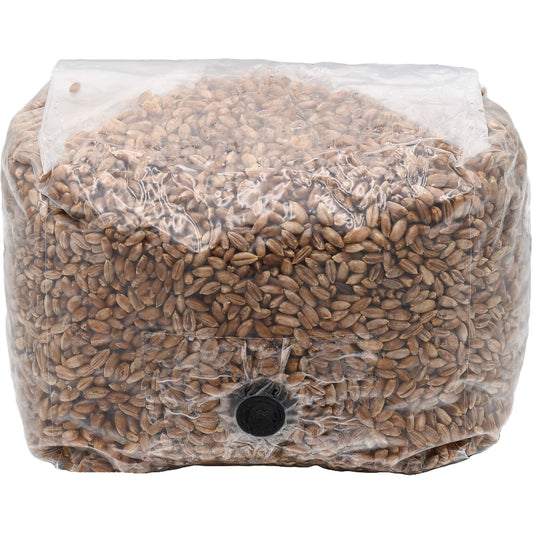 3 pound grow bag of rye berry mushroom substrate folded facing right