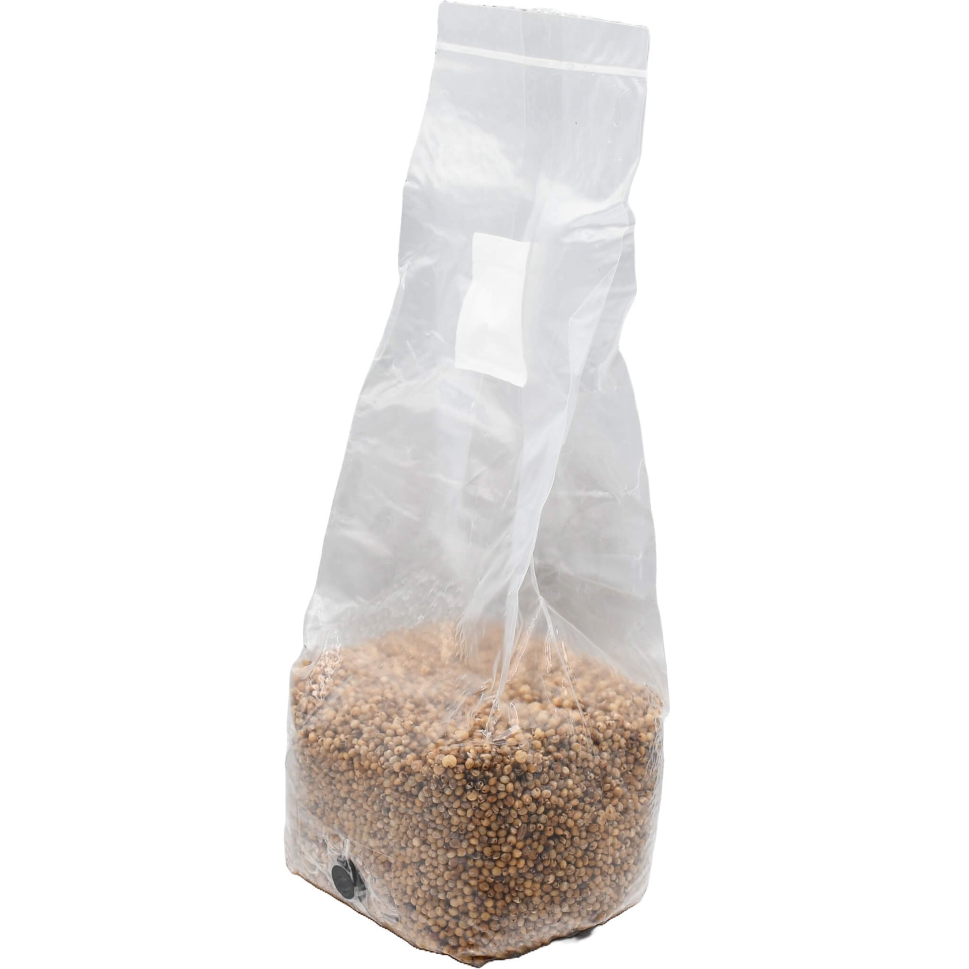 3 pound grow bag of white milo mushroom substrate standing facing left