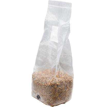 3 pound grow bag of white milo mushroom substrate standing facing left