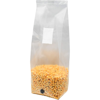 3 pound grow bag of popcorn mushroom substrate standing facing left