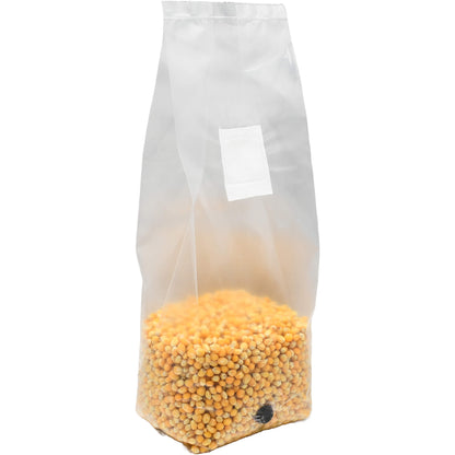 3 pound grow bag of popcorn mushroom substrate standing facing right